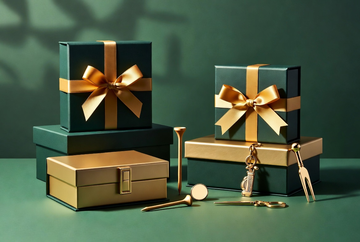 Corporate golf gift guide for HR and marketing teams - premium golf accessories in gift boxes on dark green background