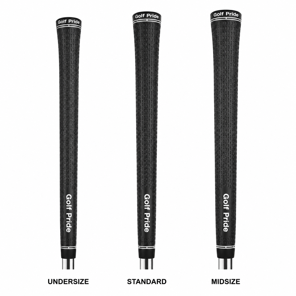 Side-by-side comparison of undersize, standard, and midsize golf grips