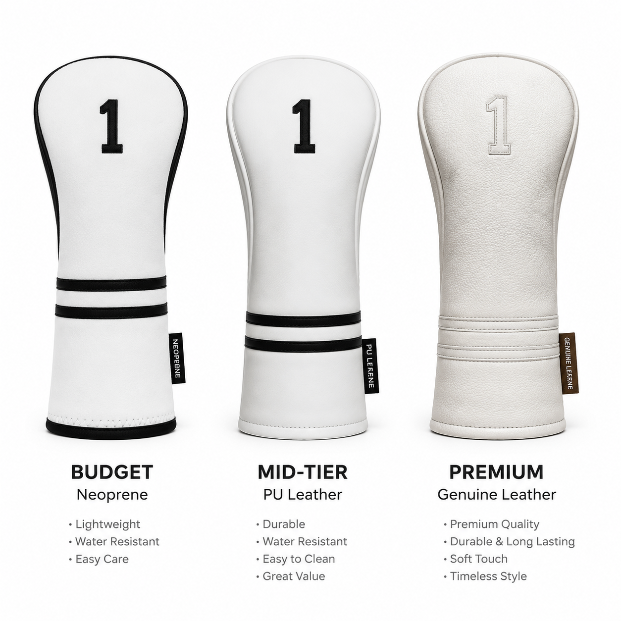 Three golf headcovers showing quality progression from neoprene to PU leather to premium genuine leather