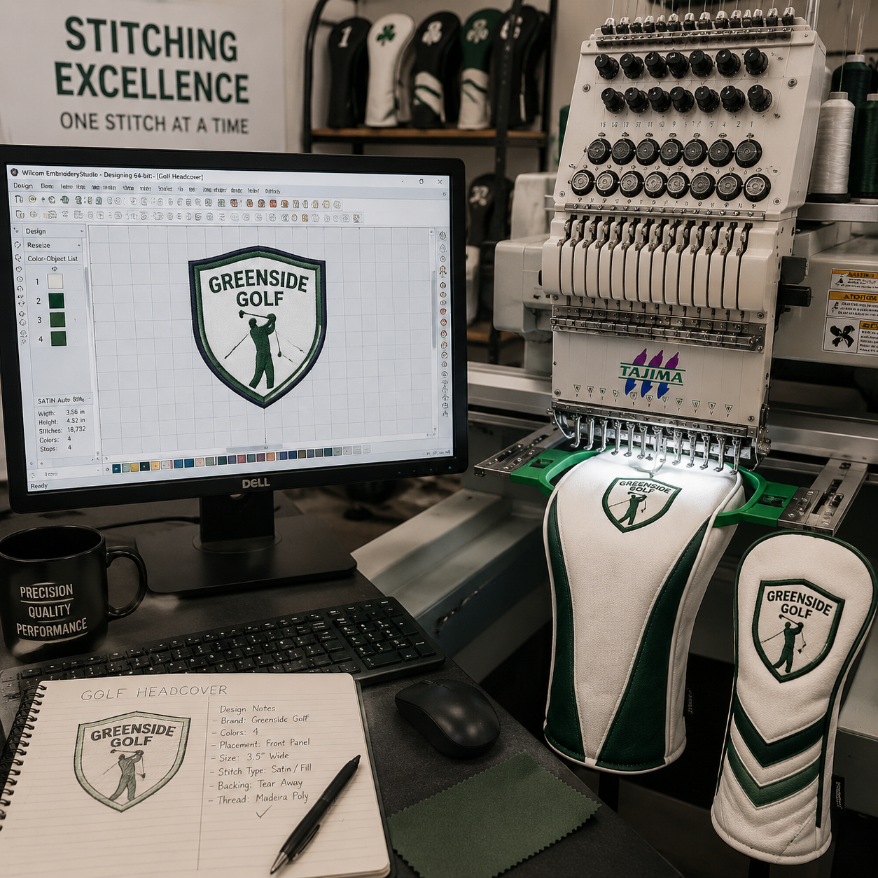 Embroidery digitizing setup process with design file on screen next to stitching machine, golf manufacturing workspace