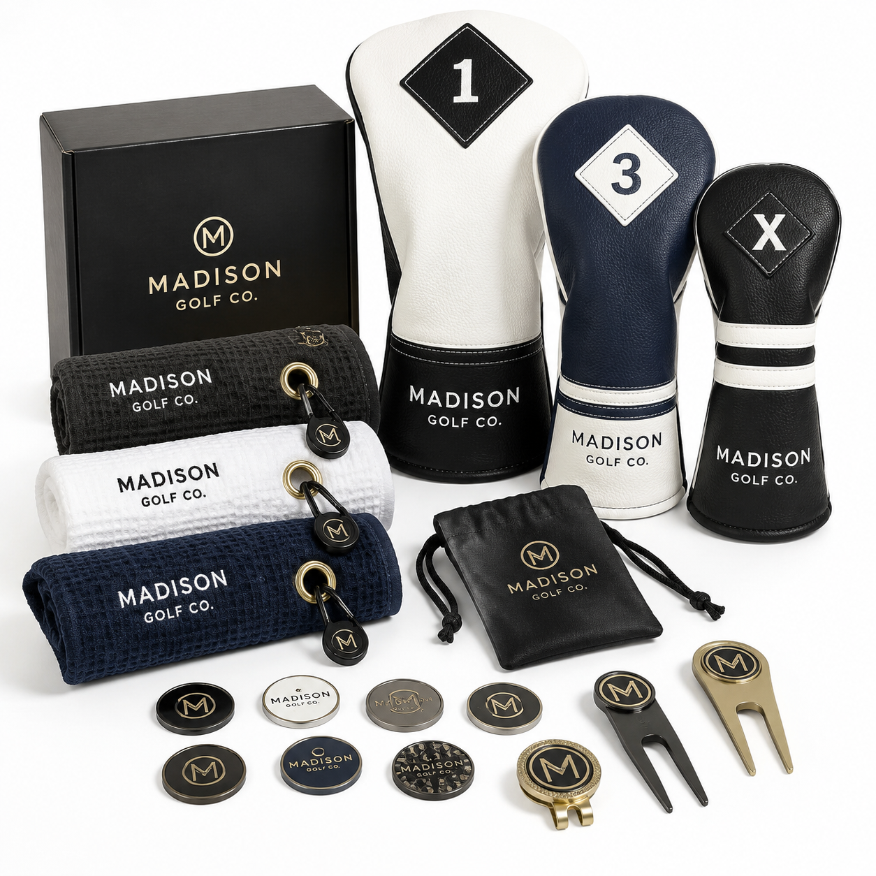 Collection of custom golf accessories including headcovers towels ball markers and divot tools as combined order, B2B wholesale concept
