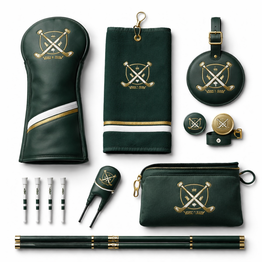 Flat lay arrangement of eight golf accessories including headcover towel ball markers tees divot tool bag tag and training aid with club branding