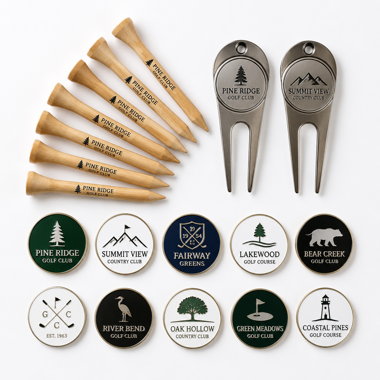 Budget golf tournament giveaways - bamboo tees, divot tools, ball markers