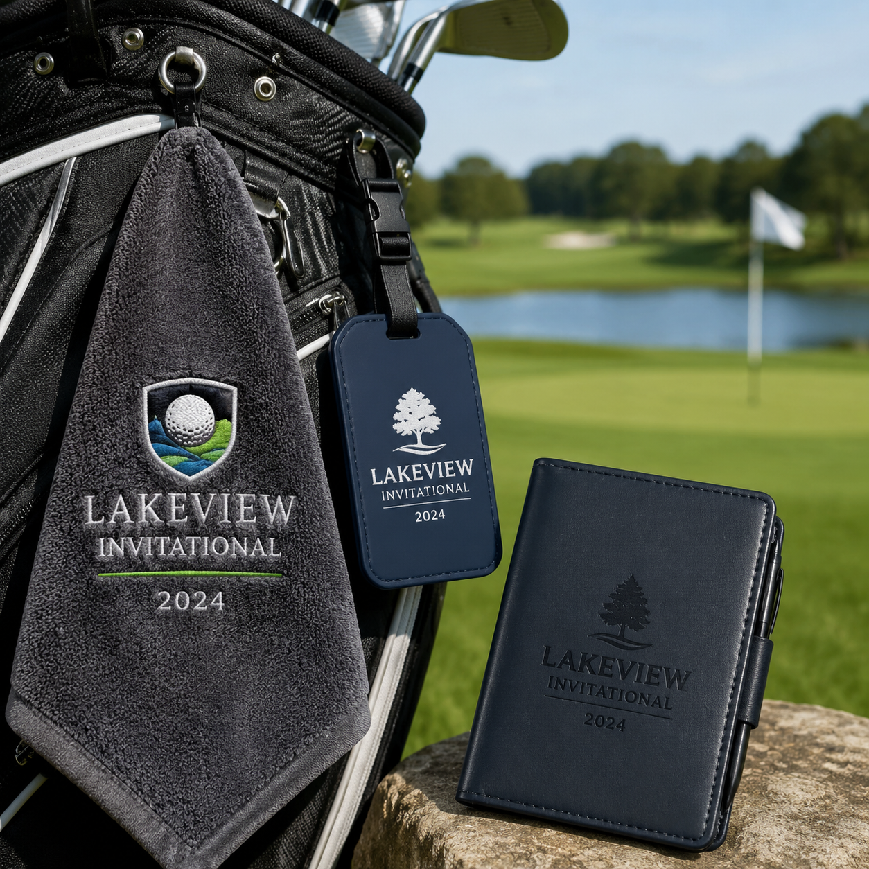 Mid-range golf tournament gifts - custom towel, bag tag, scorecard holder