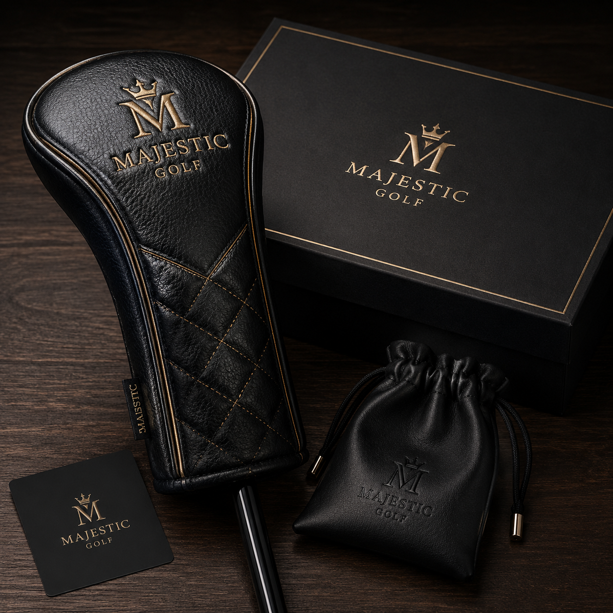 Premium golf tournament gift - custom leather headcover, gift box, valuables pouch