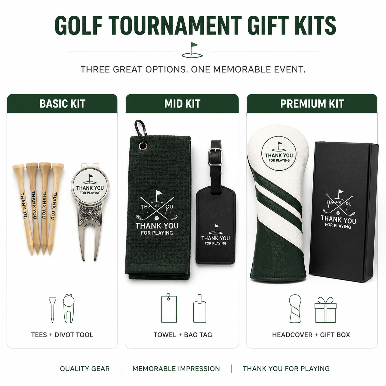 Golf tournament gift kits comparison - budget, mid, and premium tiers