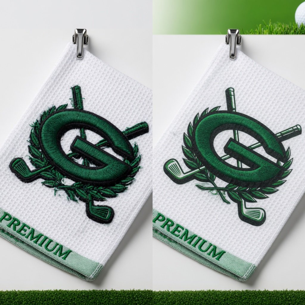 Embroidery vs screen print comparison for custom golf towels OEM