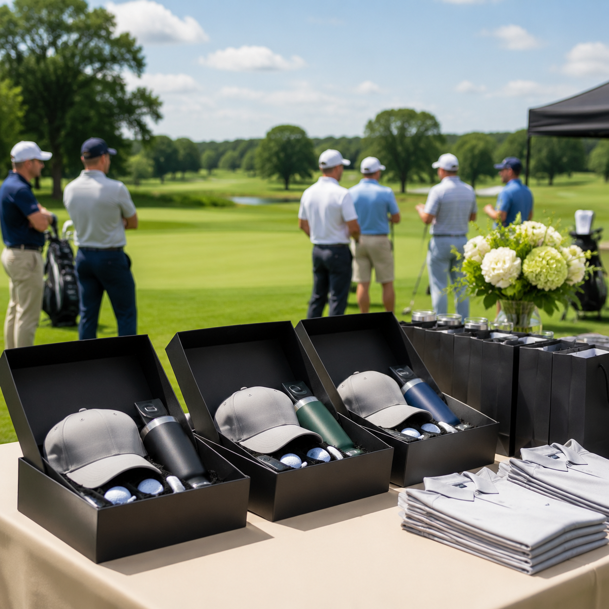 Corporate golf tournament gift sets on registration table