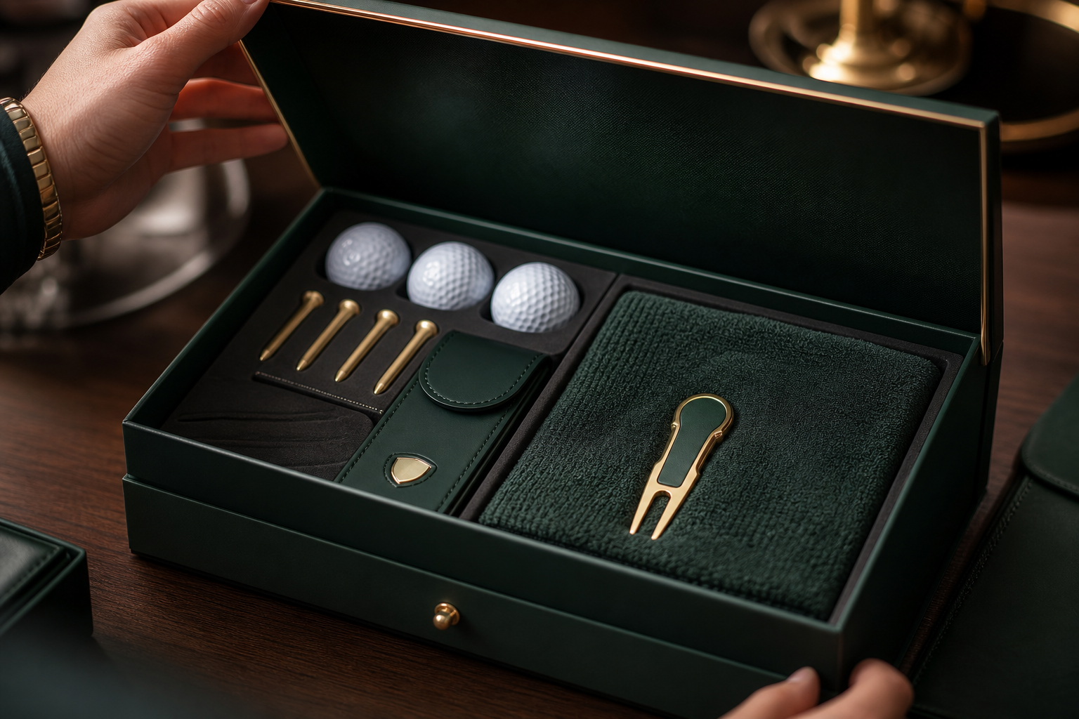 Branded golf gift box being opened