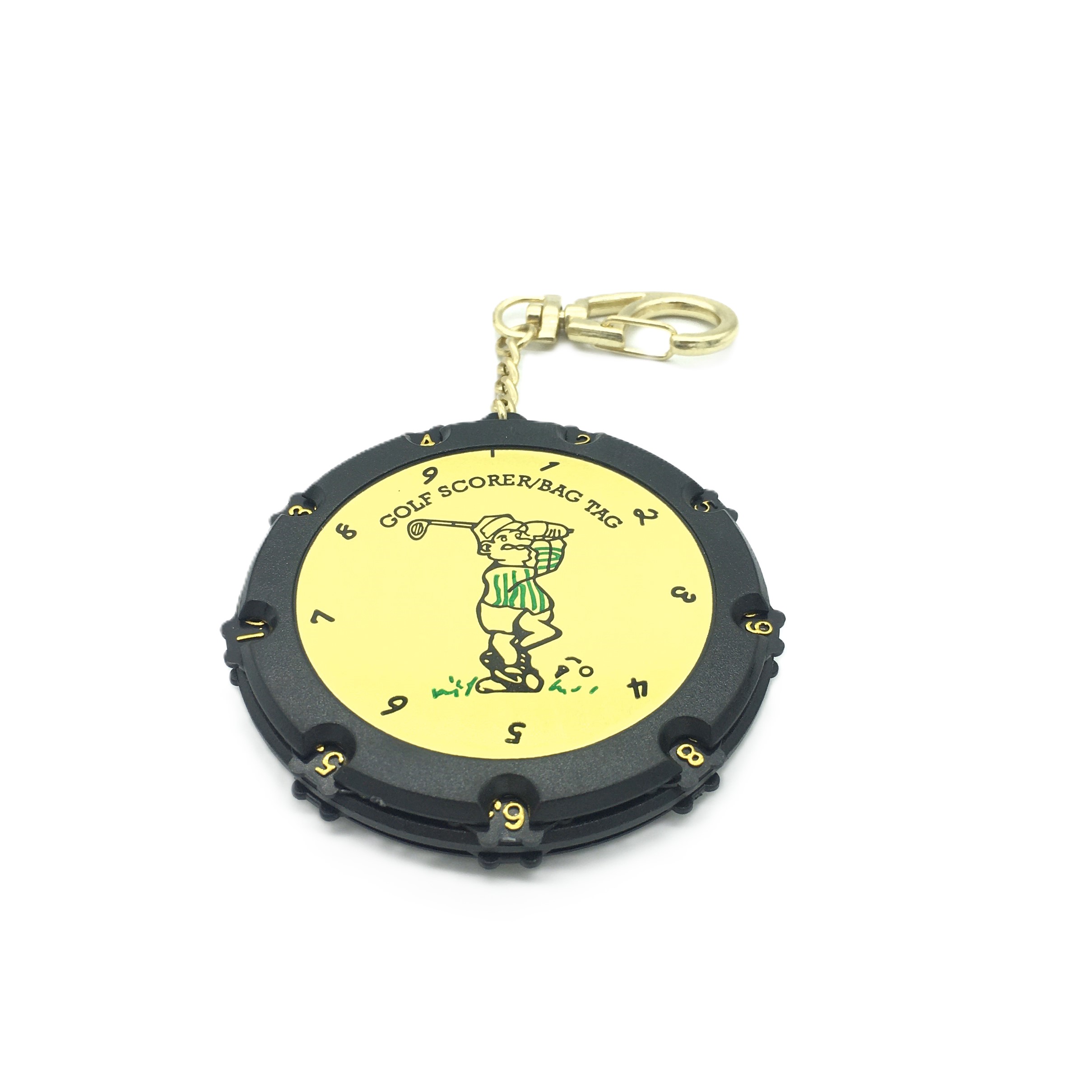 Gold face round golf stroke counter with metal clip