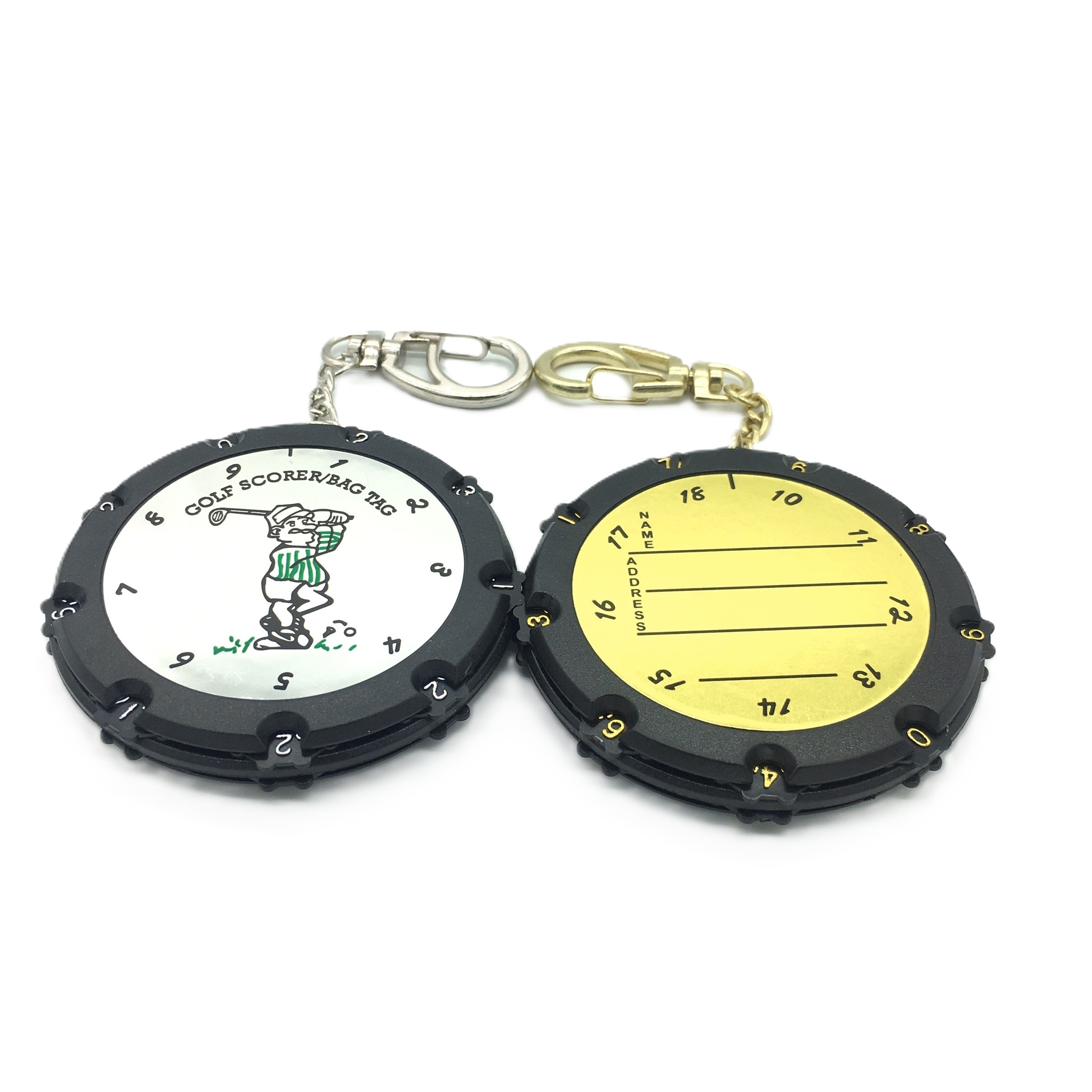 Front and back views of round golf stroke counter
