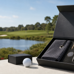 Open unbranded golf gift set with towel, tees, ball marker, divot tool, and glove beside a golf course