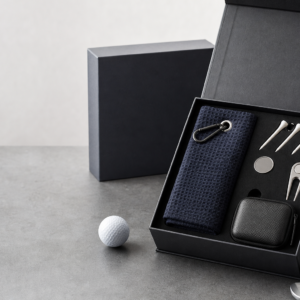 Golf gift sets with tees ball markers divot tools towels and boxed packaging for OEM sourcing