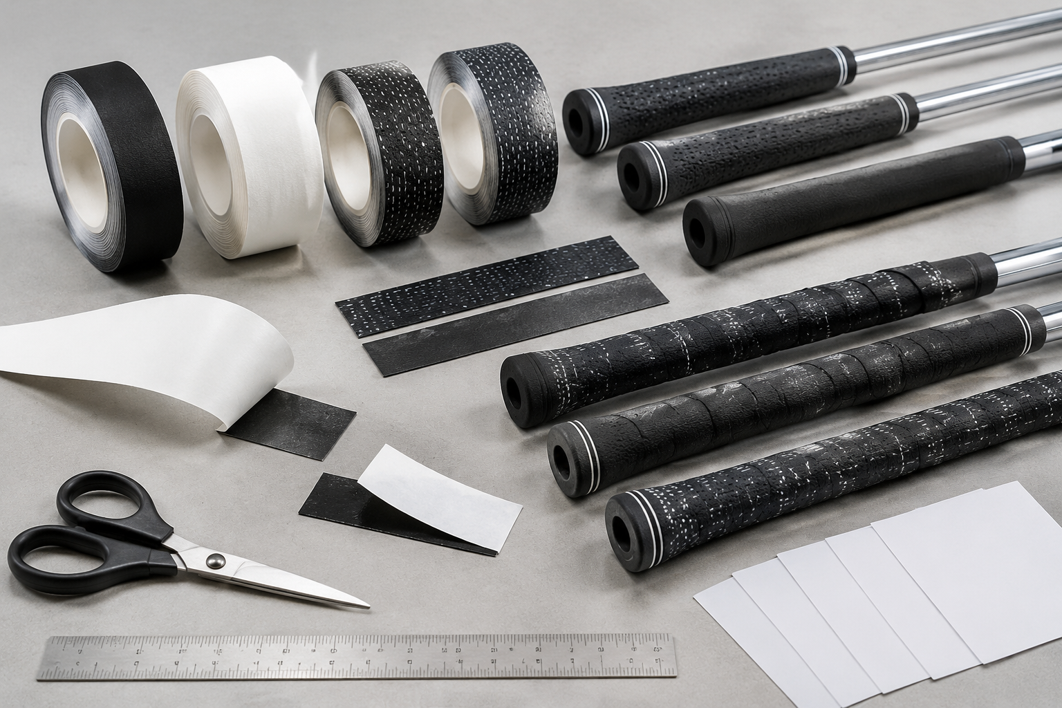 Golf Grip Tape: Adhesion, Thickness, and Regripping Specs Grip tape rolls, cut strips and wrapped shafts showing width, overlap and installation details