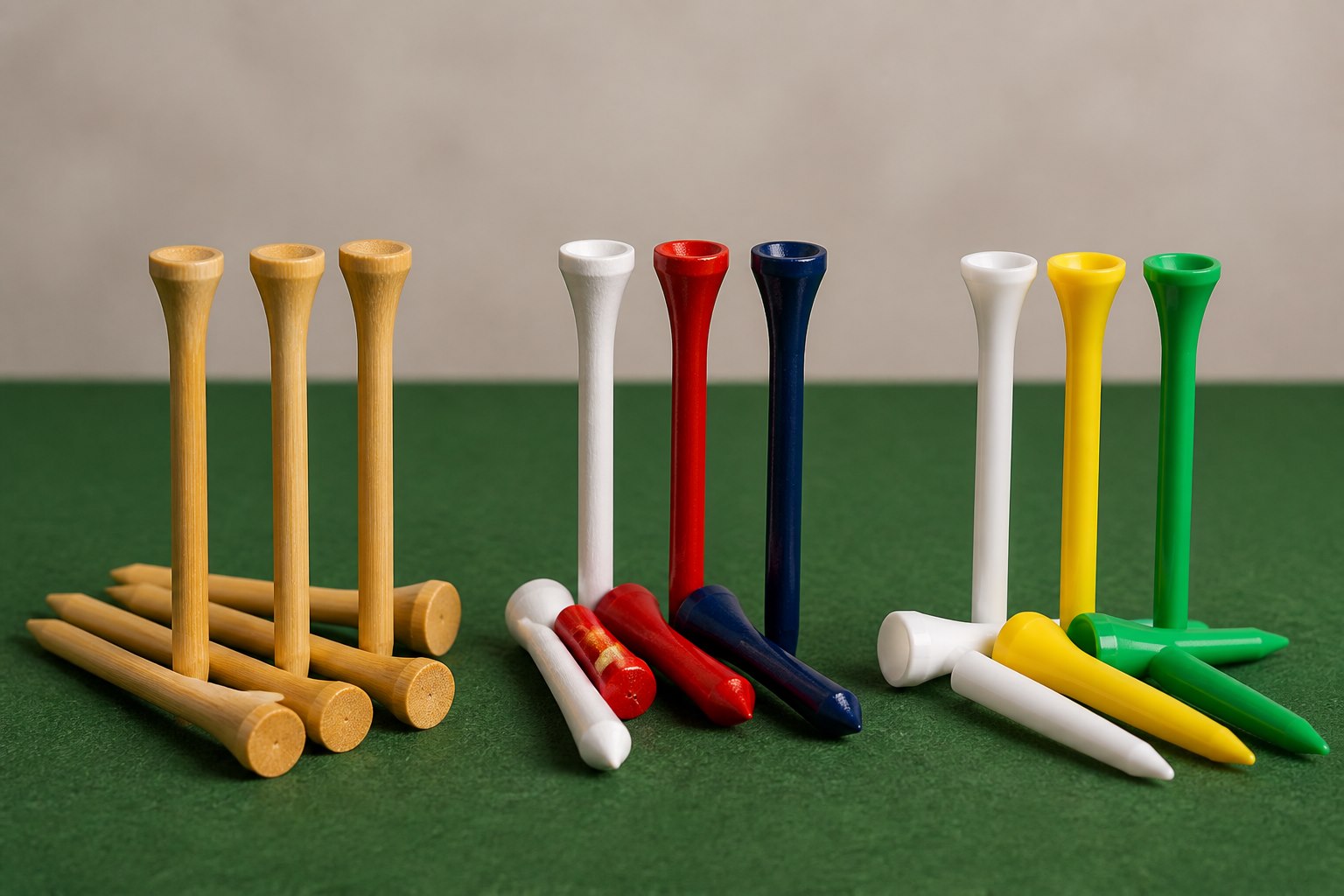 Golf Tees Buying Guide for Pro Shops: Sizes, Packs and Display Bamboo, painted wood and plastic golf tees arranged for material comparison