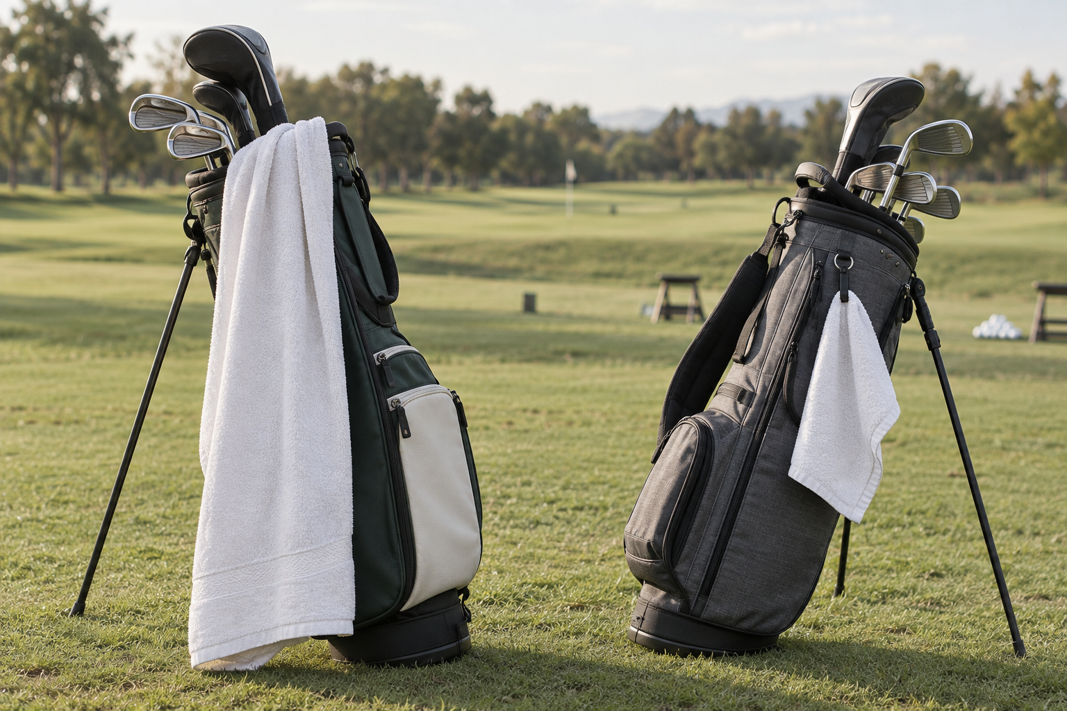 Long towel draped over one golf bag and compact towel clipped to another bag