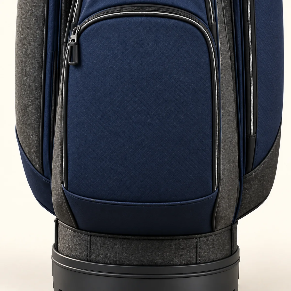 cart bag blank branding panel webp Unbranded front pocket panel and molded base of a navy golf cart bag
