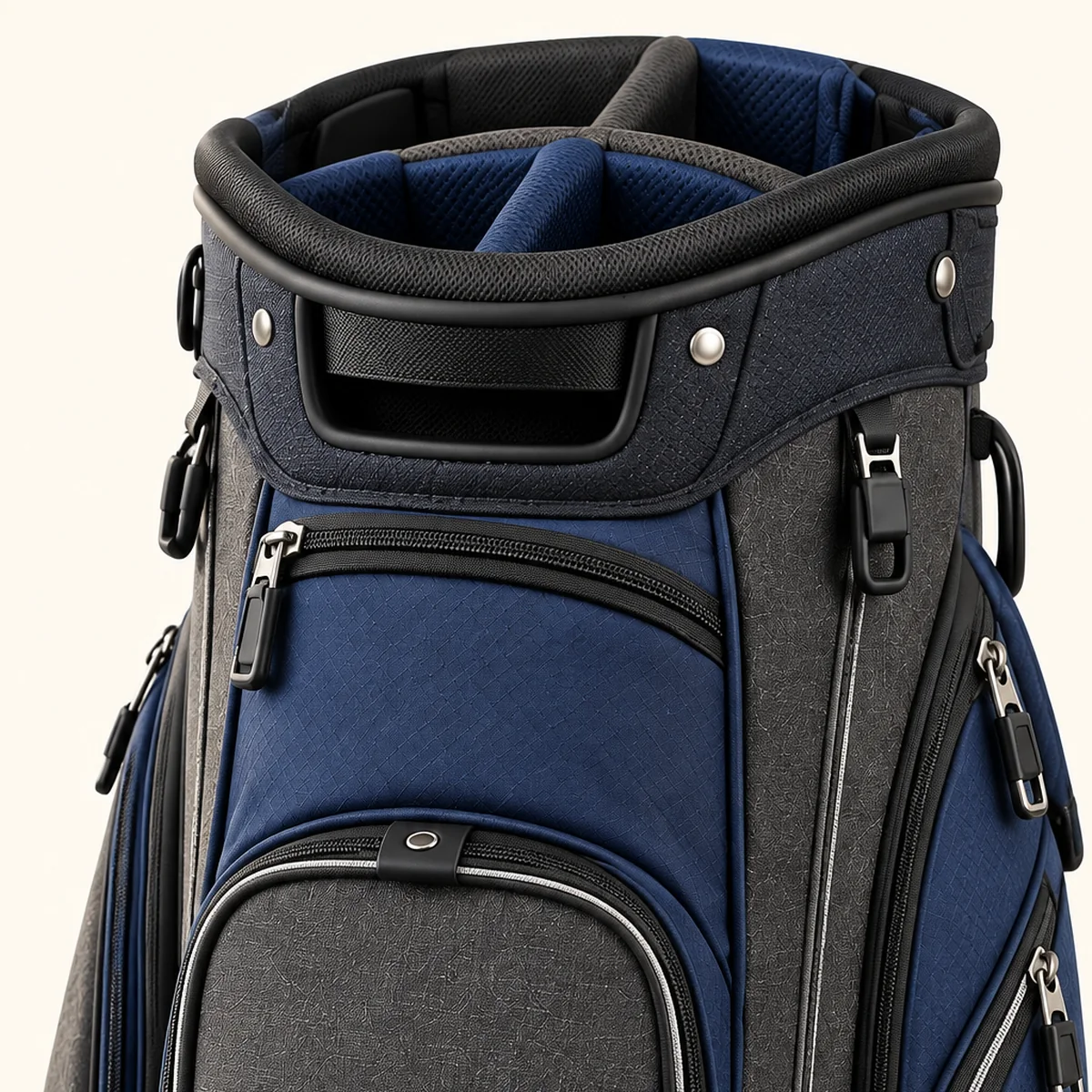 Custom Golf Cart Bags for Clubs & Private Labels Padded top, carry handle and upper pocket detail of a navy custom golf cart bag