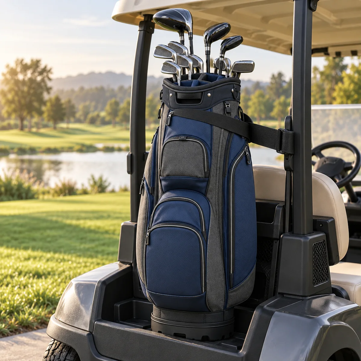 Custom Golf Cart Bags for Clubs & Private Labels Navy custom golf cart bag placed in a golf cart rear bag well