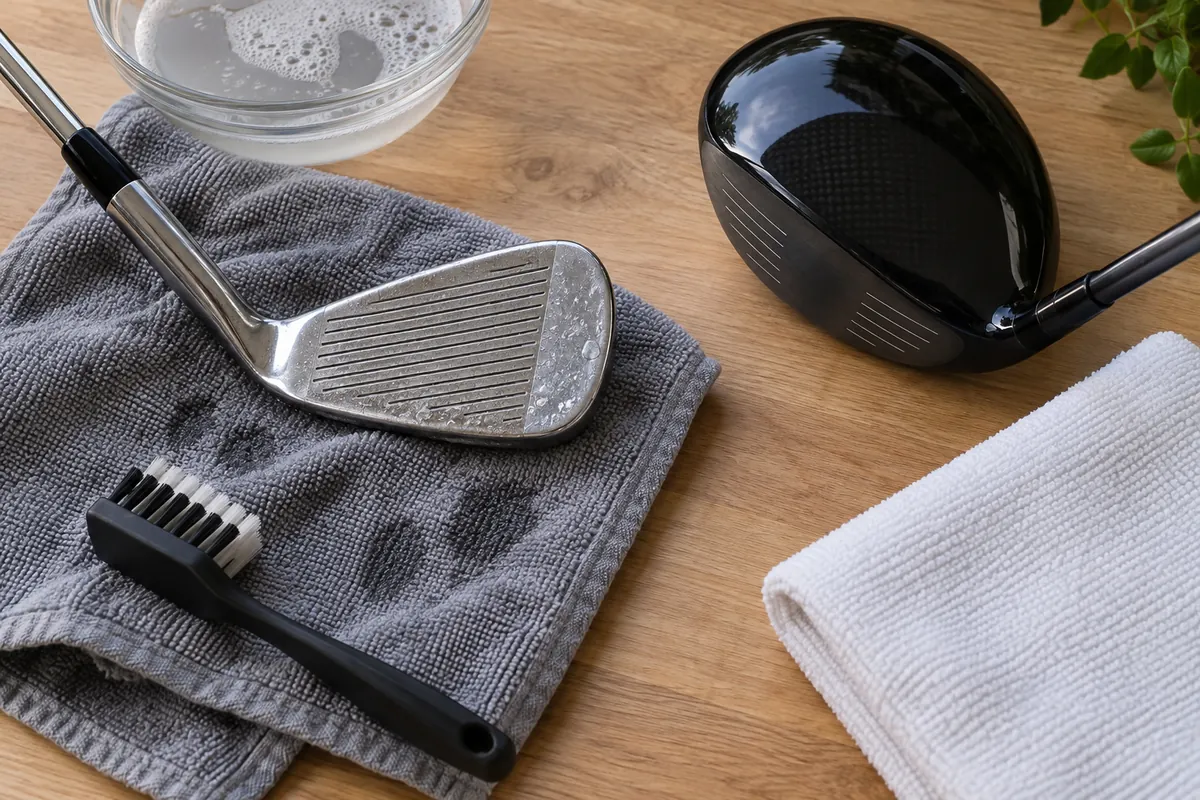 Soft nylon brush, damp microfiber towel and golf club heads arranged for a careful cleaning routine
