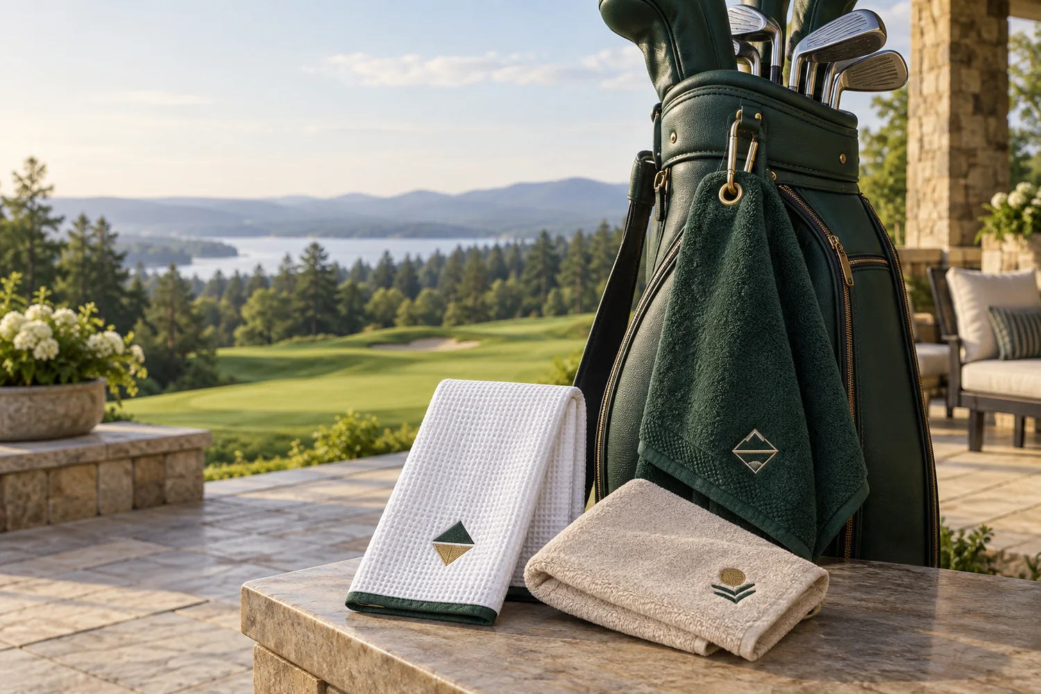 Custom Embroidered Golf Towels: Logo Placement and Sample Checks Embroidered golf towels in three practical constructions beside a golf bag
