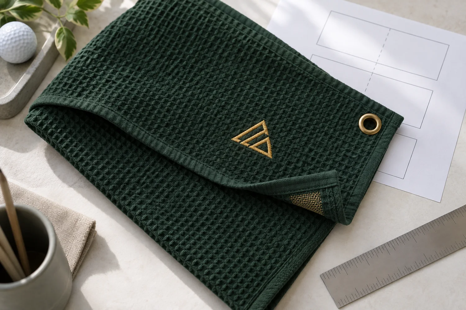 Custom Embroidered Golf Towels: Logo Placement and Sample Checks Embroidery placement being checked against a towel fold and corner grommet