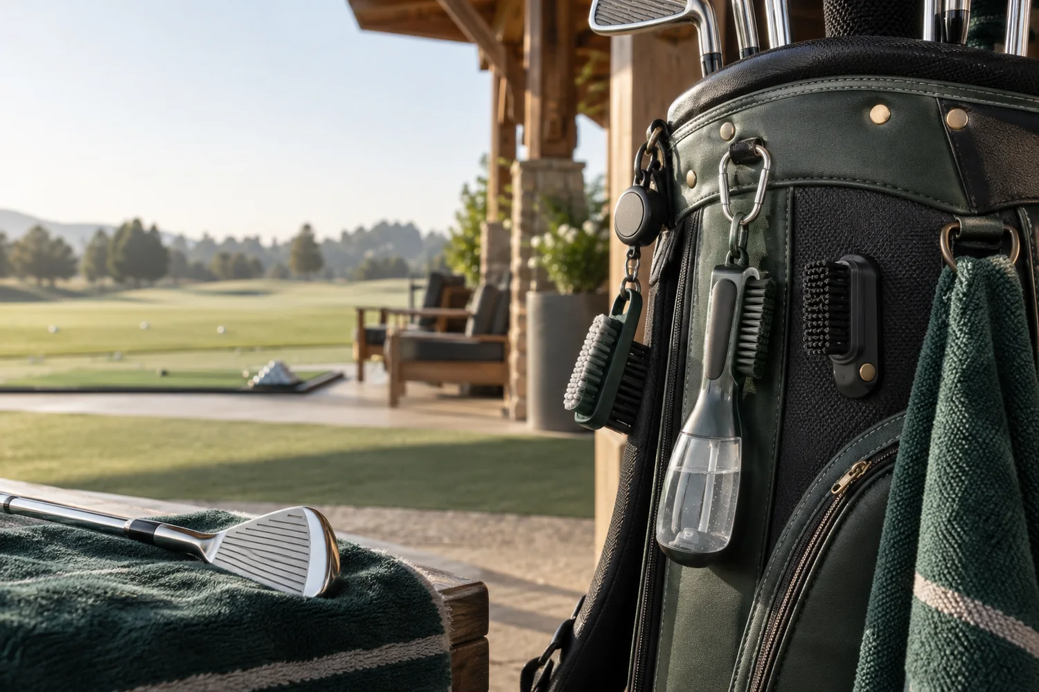 Several golf club brush formats attached beside a golf bag