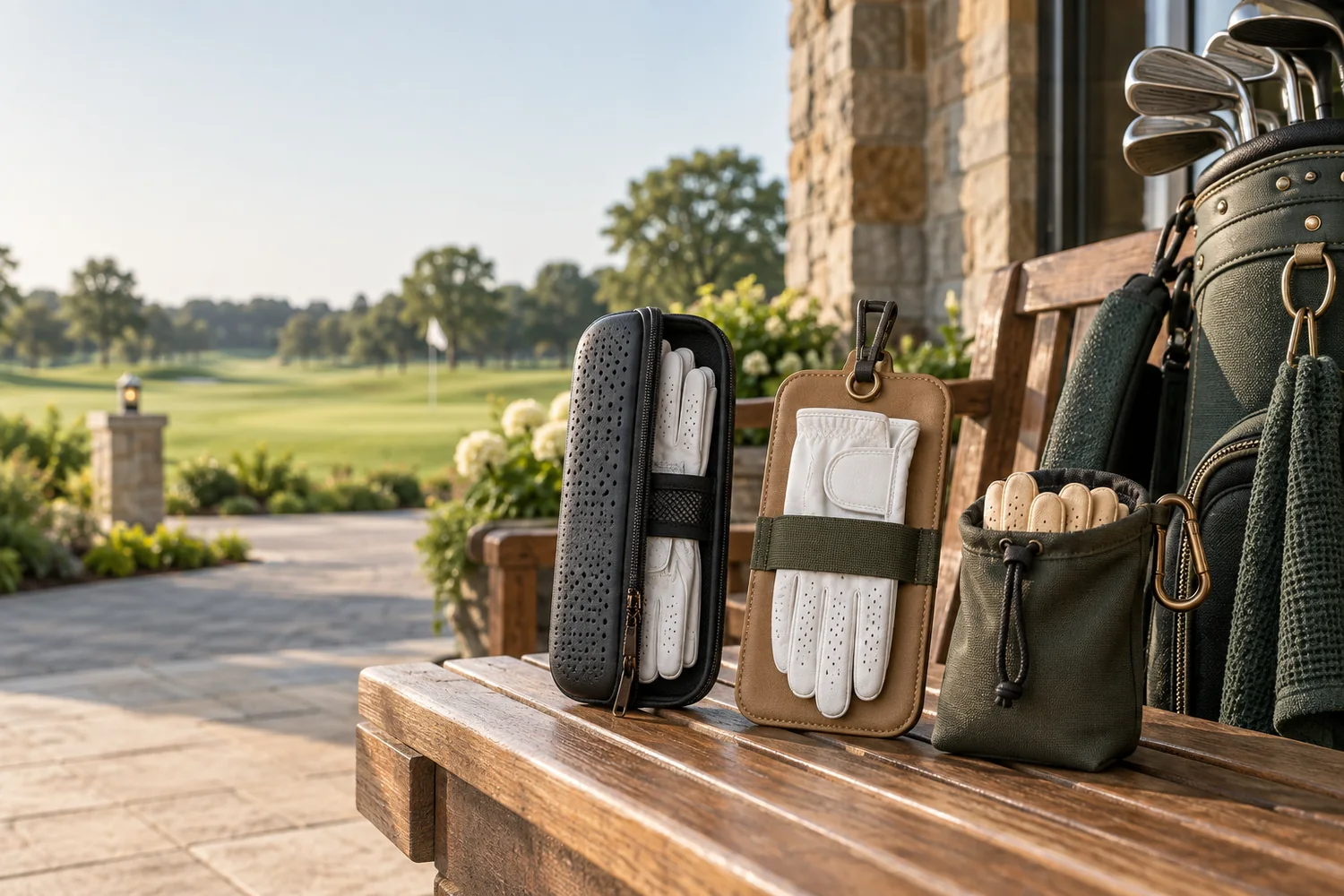 Golf Glove Holder: Case, Ventilation, Fit and Branding Three golf glove holder formats displayed beside a golf bag