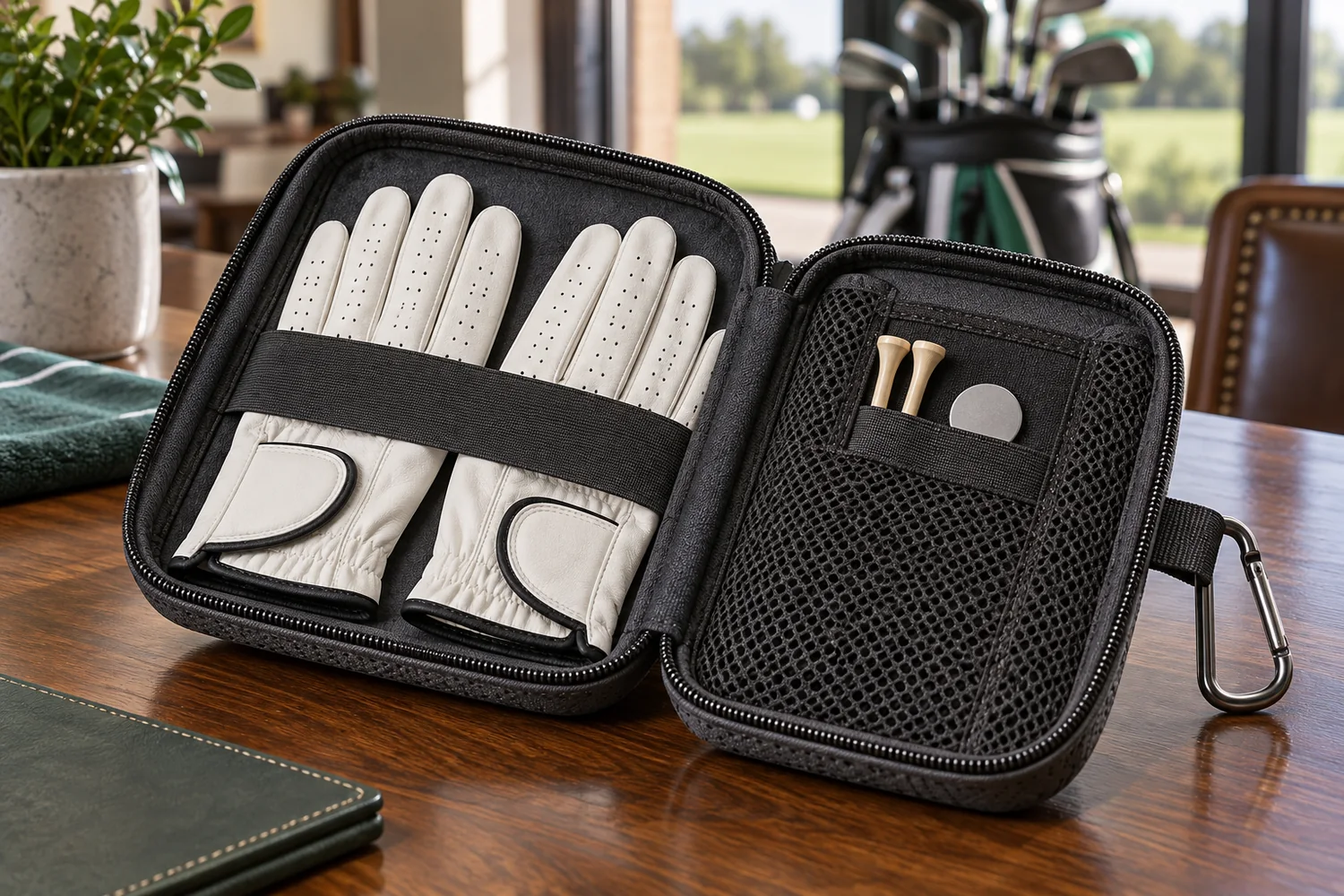 Golf Glove Holder: Case, Ventilation, Fit and Branding Open golf glove holder showing flat glove storage, ventilation and a separate accessory pocket