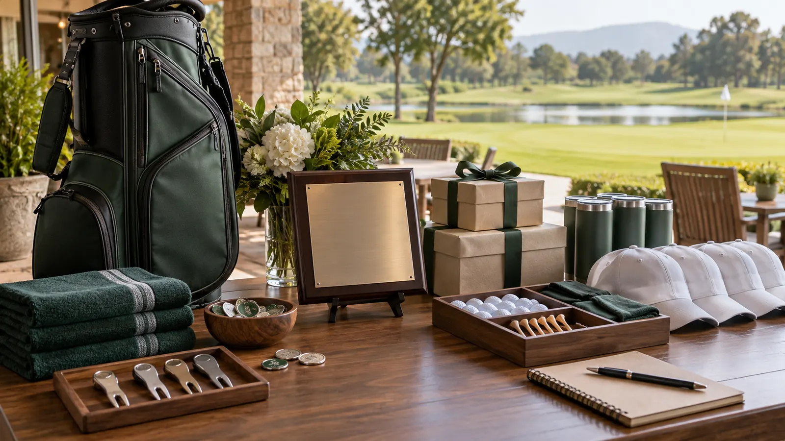 Custom Golf Tournament Player Pack Golf tournament prize accessories arranged at a clubhouse