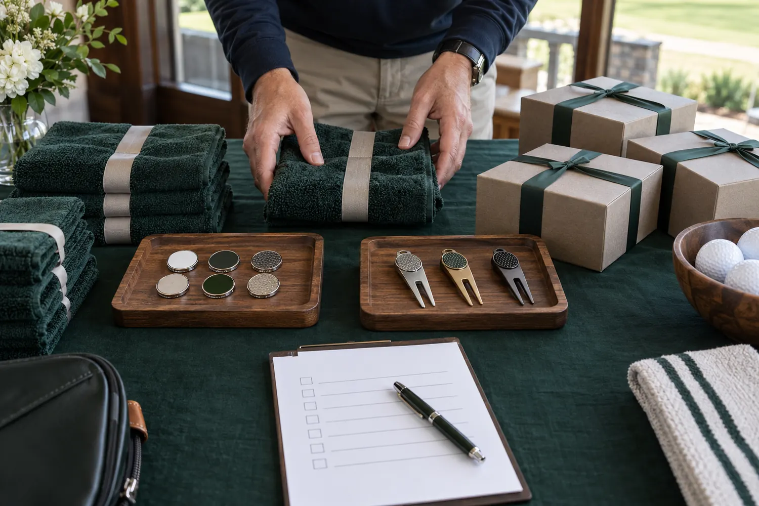 Golf accessory prize bundles being checked before a tournament