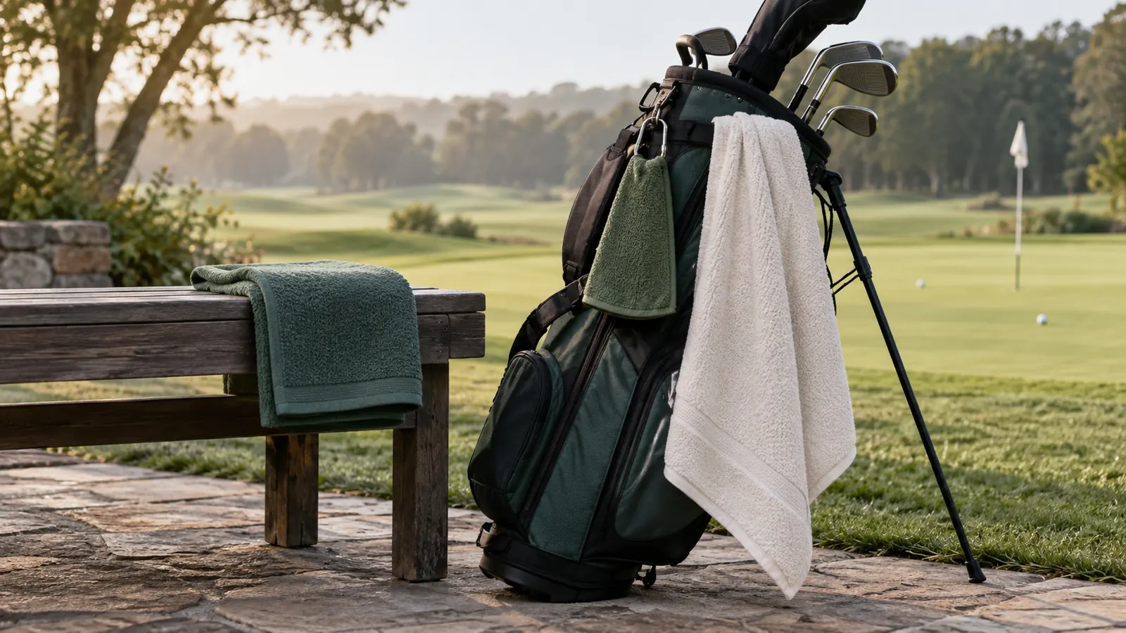 Golf towels in different practical sizes beside a golf bag