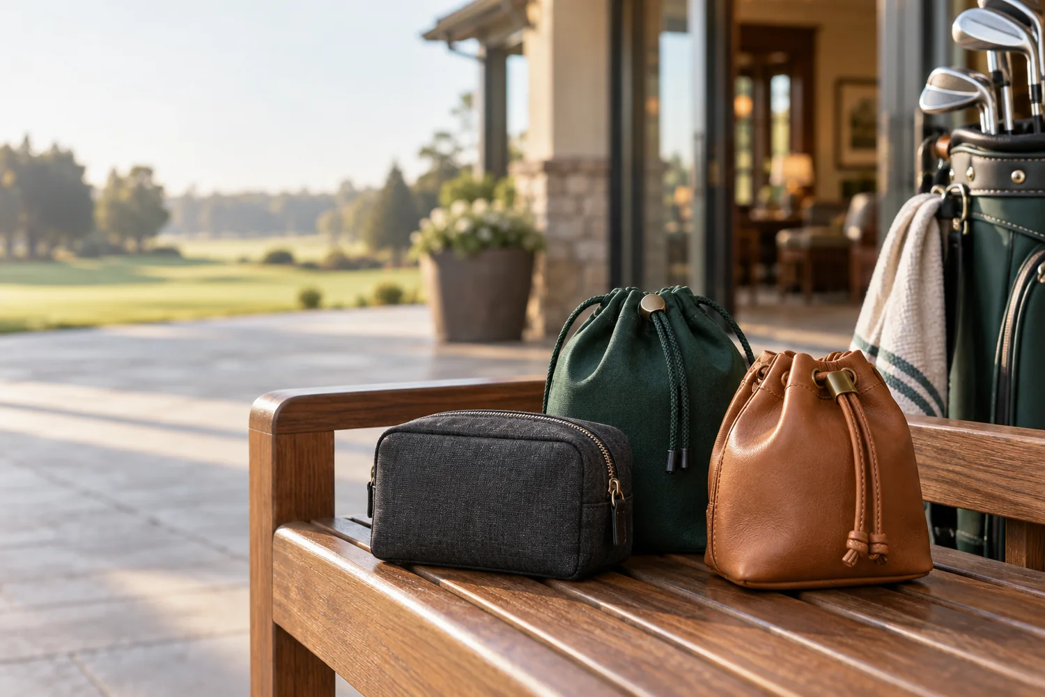 Three golf valuables pouch formats displayed beside a golf bag