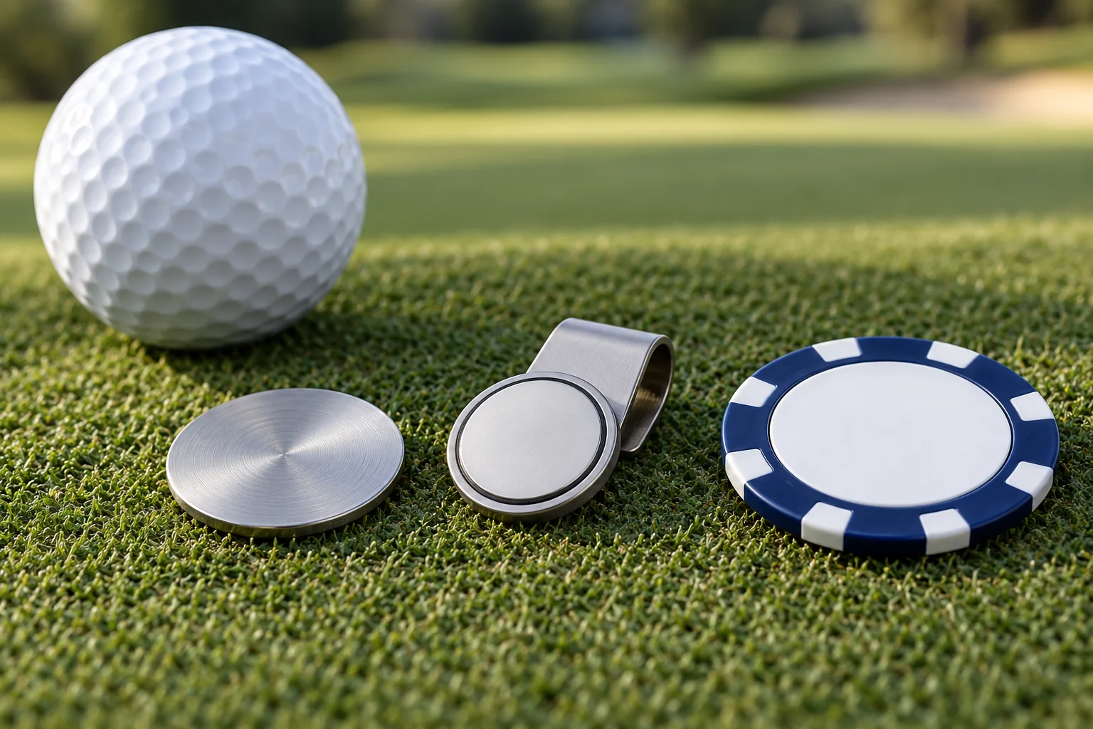 Thin coin, magnetic hat clip and poker chip golf ball marker formats