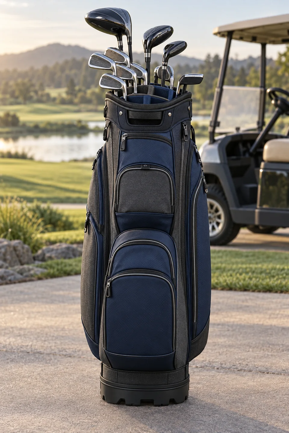Custom Golf Bags | OEM Manufacturer | PassenGolf Unbranded navy cart golf bag with organized dividers beside a golf cart