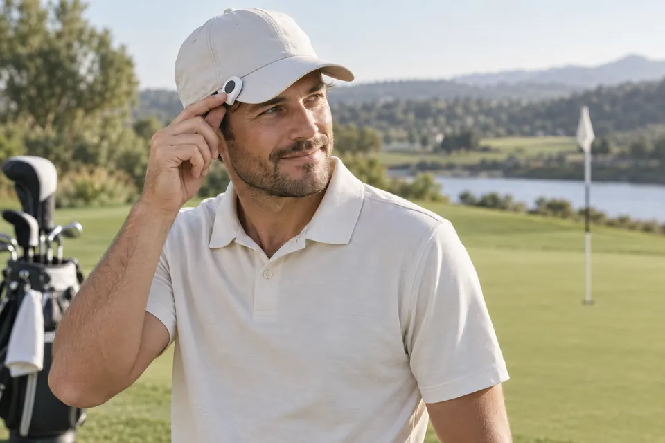 a golfer using a cap-mounted score counter