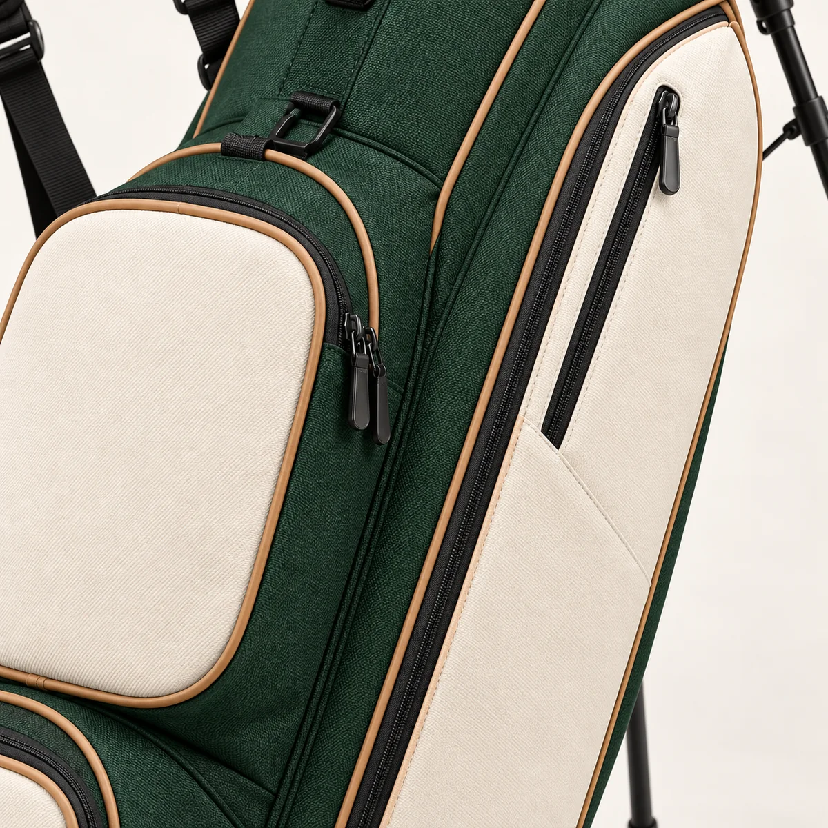 passen custom golf stand bag blank branding panel webp Blank cream branding panels and zippered pockets on a custom golf stand bag