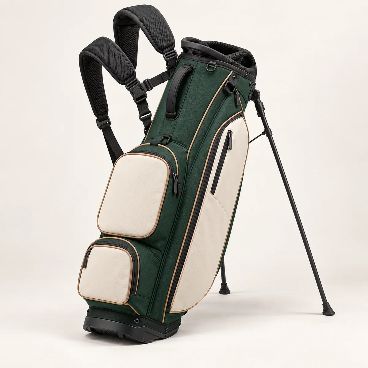 Custom Golf Stand Bags with Logo Forest green and cream custom golf stand bag with deployed stand legs and dual shoulder straps