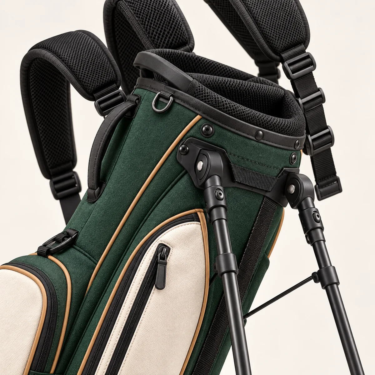 Custom Golf Stand Bags with Logo Detail of stand leg hinges and padded shoulder straps on a custom golf stand bag