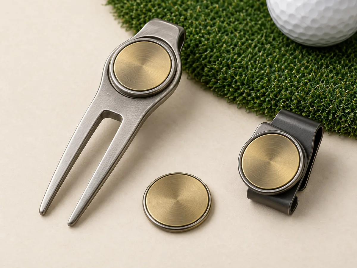 Custom Golf Ball Markers | OEM Manufacturer | PassenGolf Metal divot repair tool, removable ball marker and magnetic golf hat clip