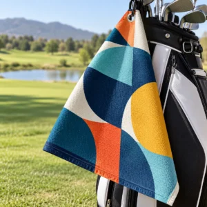 Full-color patterned golf towel hanging from a golf bag