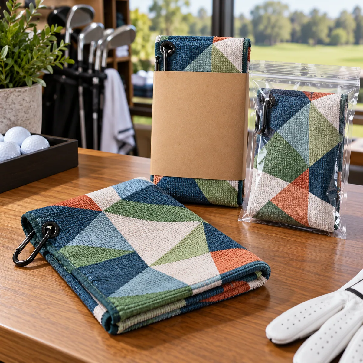 Full-Color Custom Golf Towels Full-color golf towel with configurable sleeve and protective bag presentation