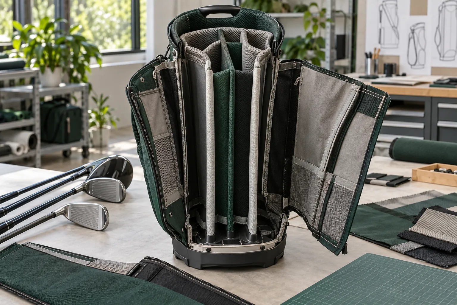 Cutaway golf bag sample showing divider sleeves and base construction