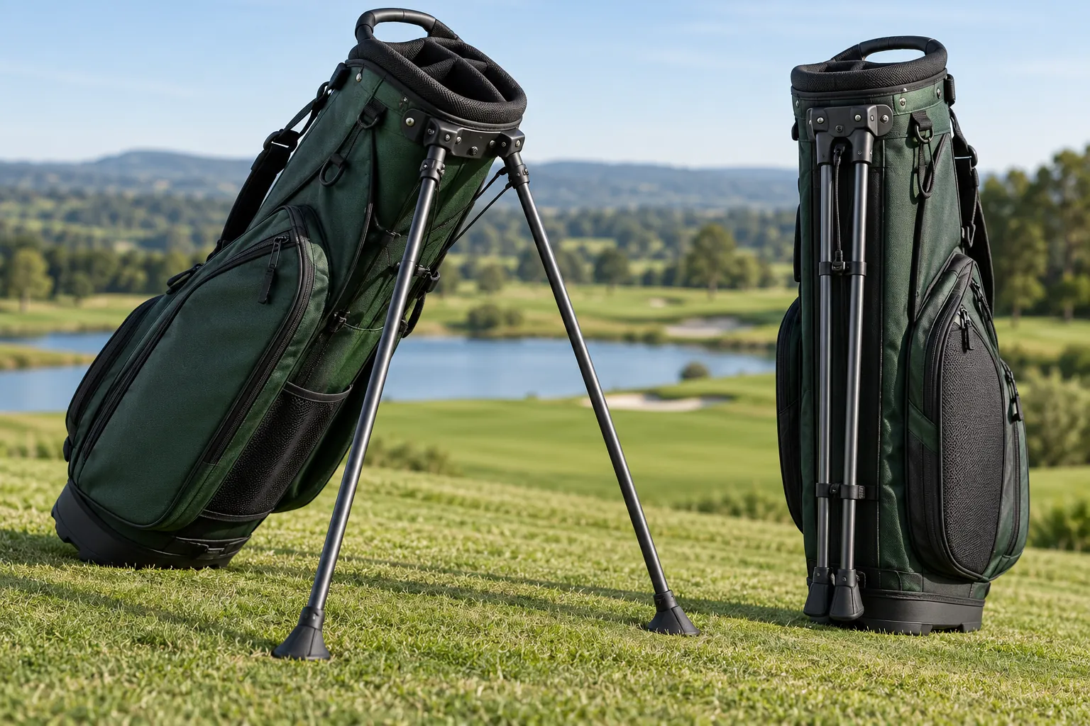 Unbranded stand golf bags with deployed and folded leg systems