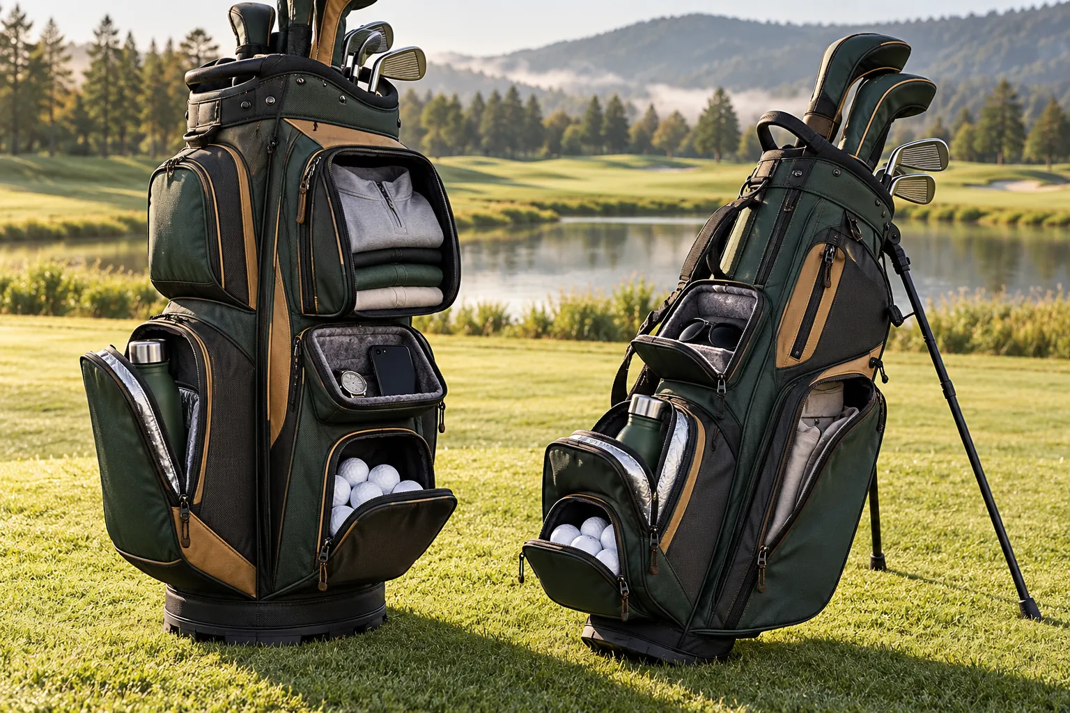 Unbranded cart and stand golf bags showing organized pocket layouts