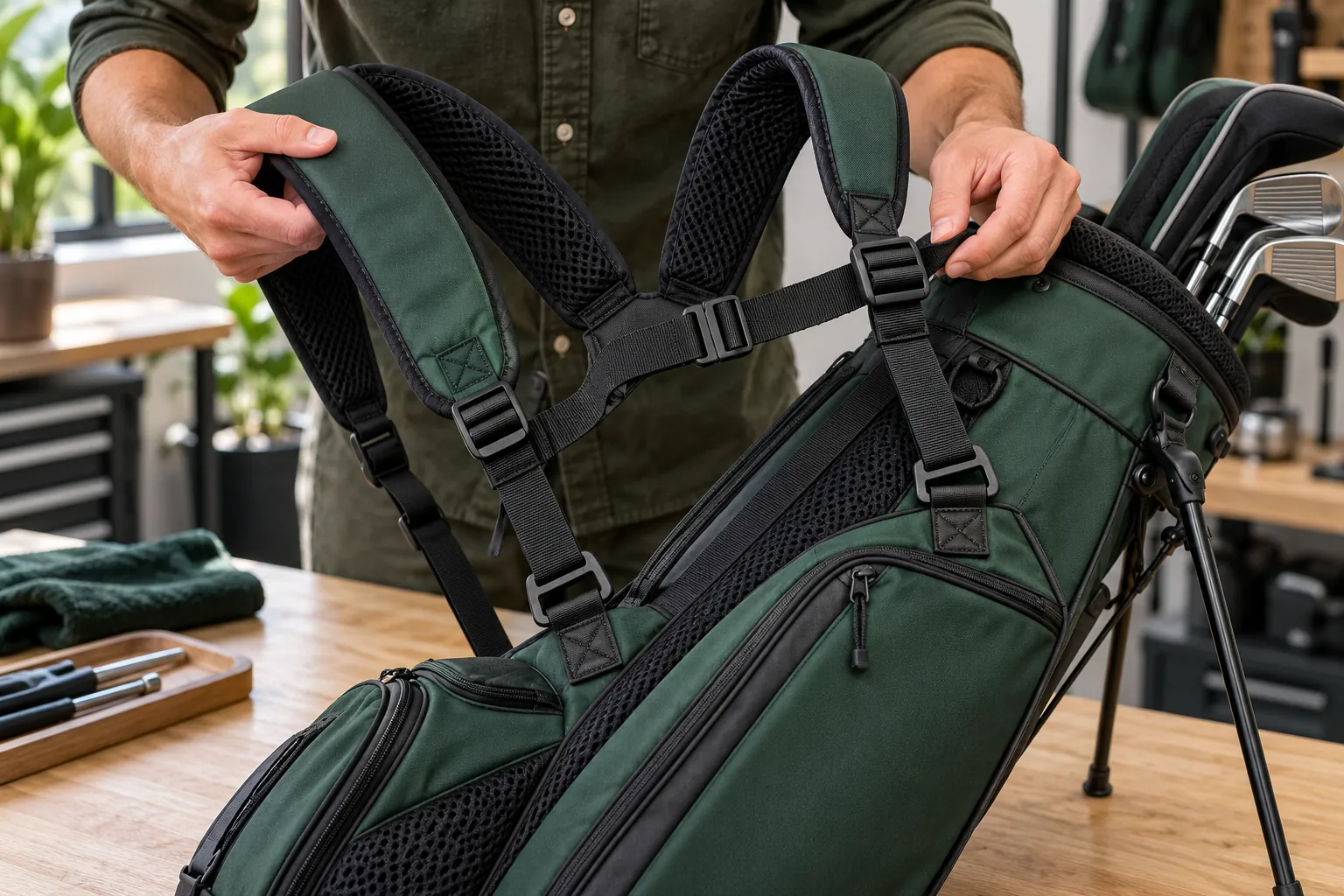 Golf Bag Strap: Single vs Double, Fit and Construction Guide Product developer adjusting padded golf bag shoulder straps and buckles