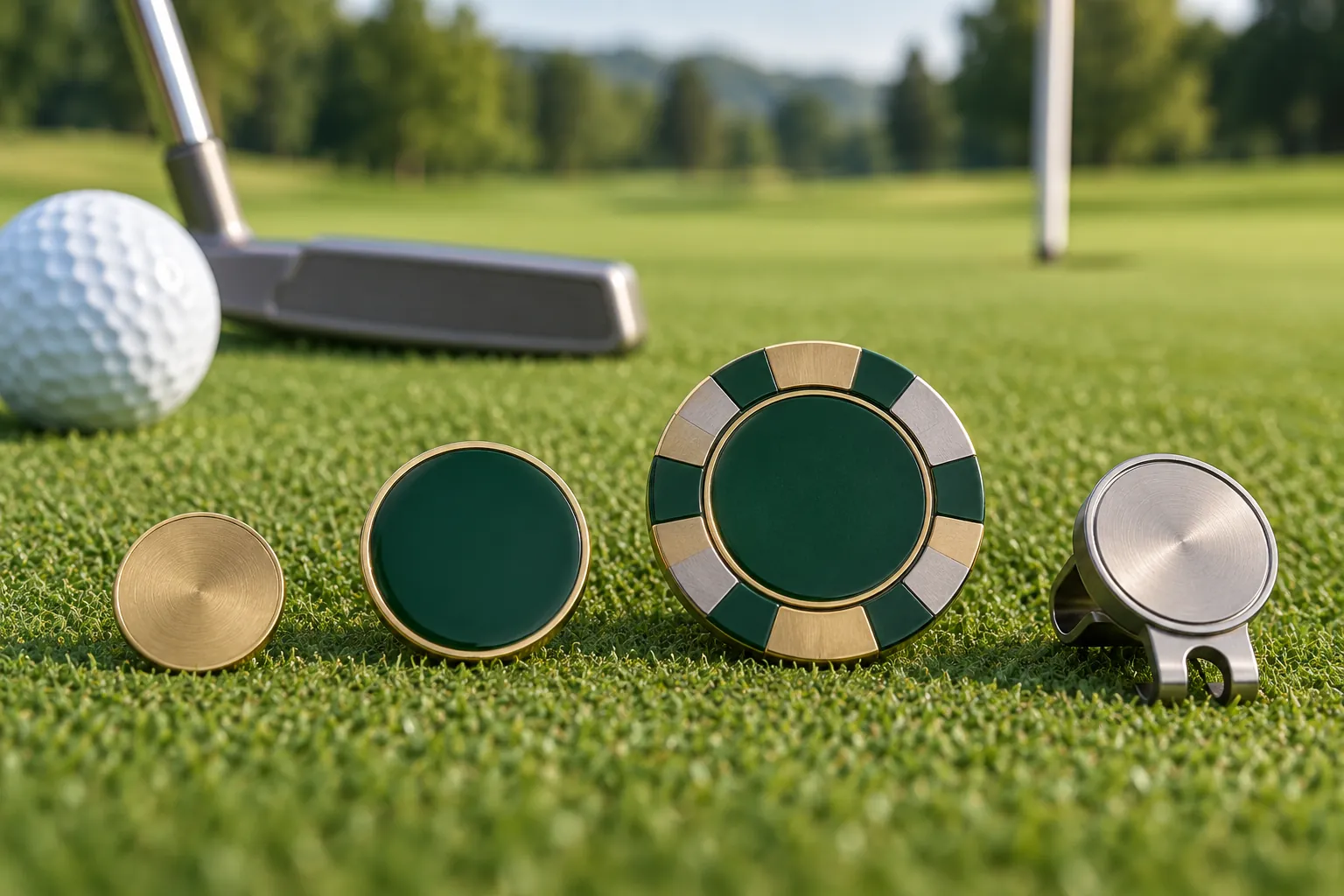 Golf ball marker size comparison with coin, enamel, poker-chip and hat-clip formats