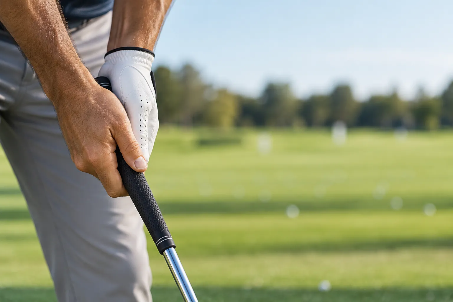 Golfer holding a textured golf grip on a practice range