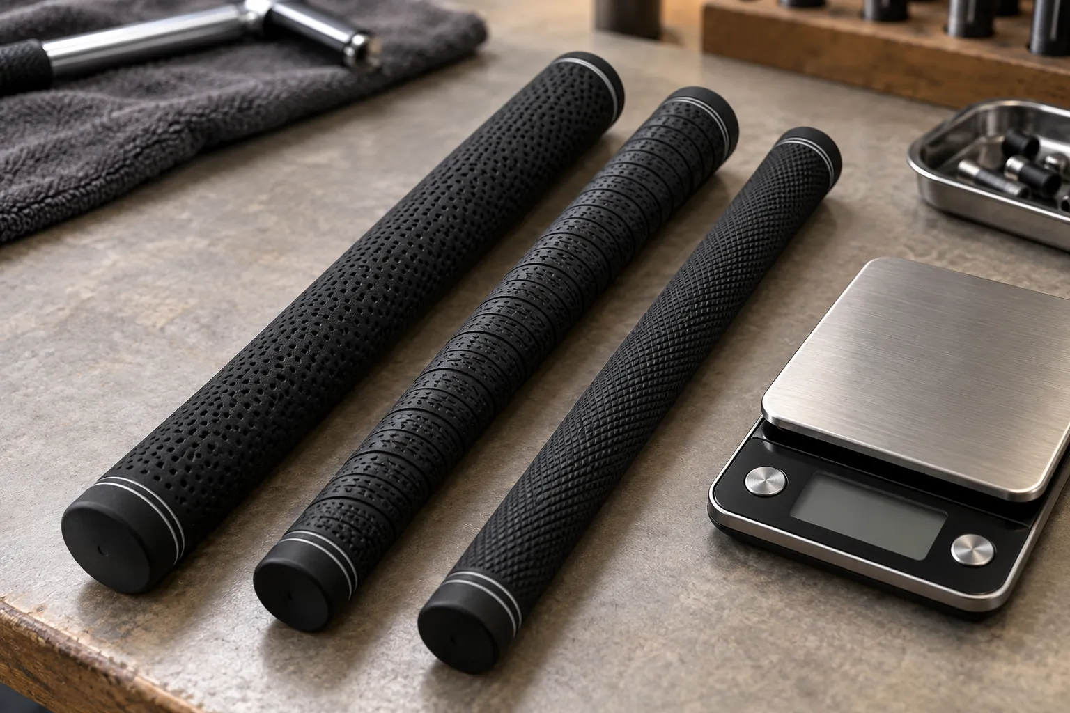 Golf Grip Weight: Balance, Fit and Sample Checks Golf grip samples compared beside a precision scale