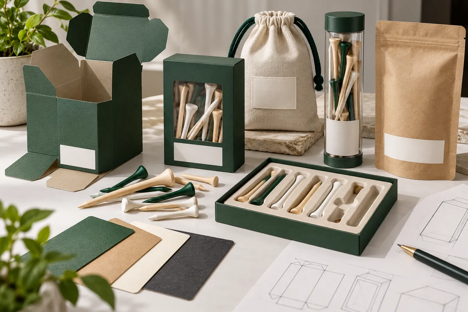 Golf Tee Packaging: Boxes, Pouches, Tubes and Pack Planning Blank golf tee packaging prototypes and insert formats on a design table